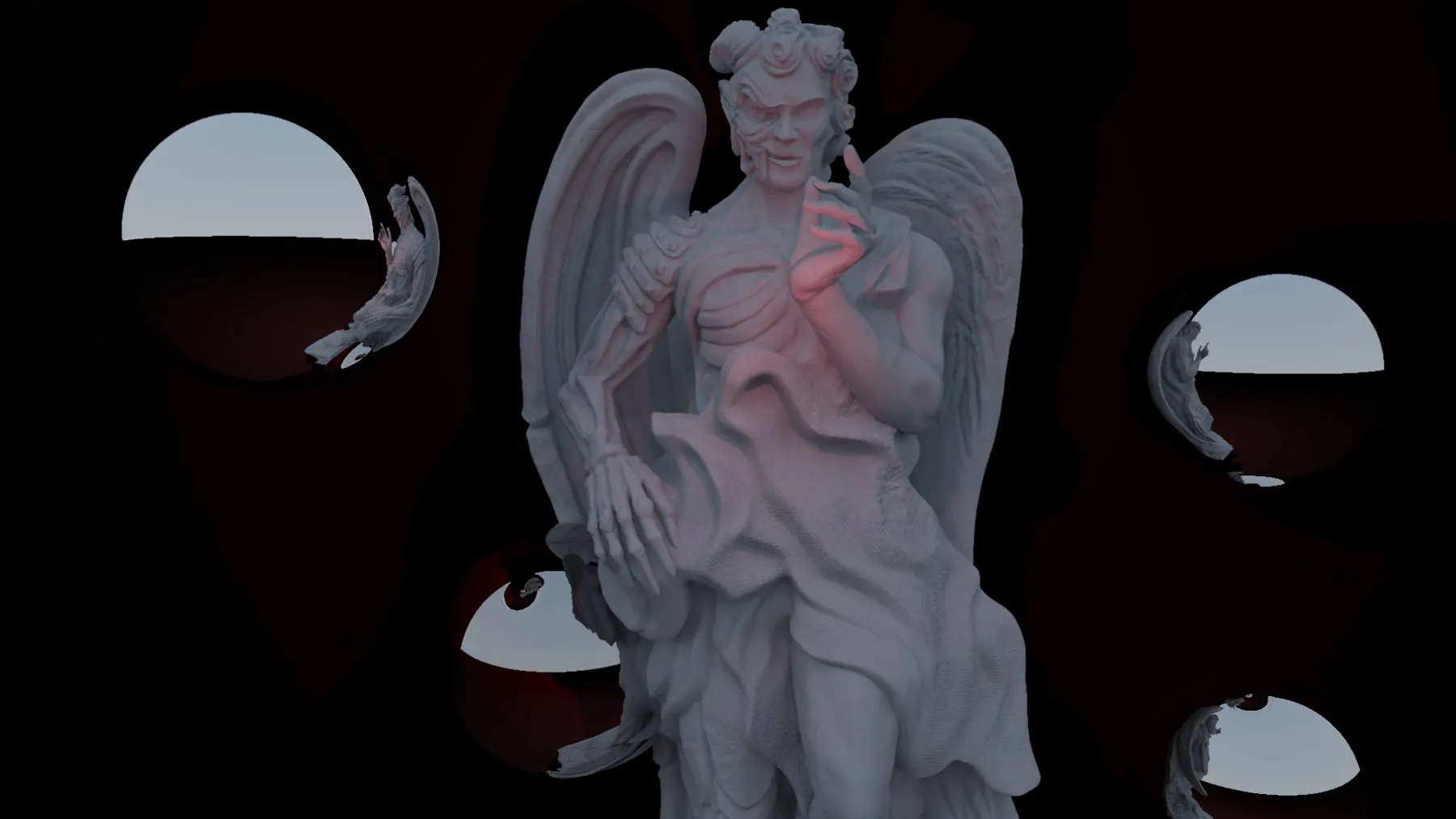 Statue d'ange entourée de sphères réfléchissantes