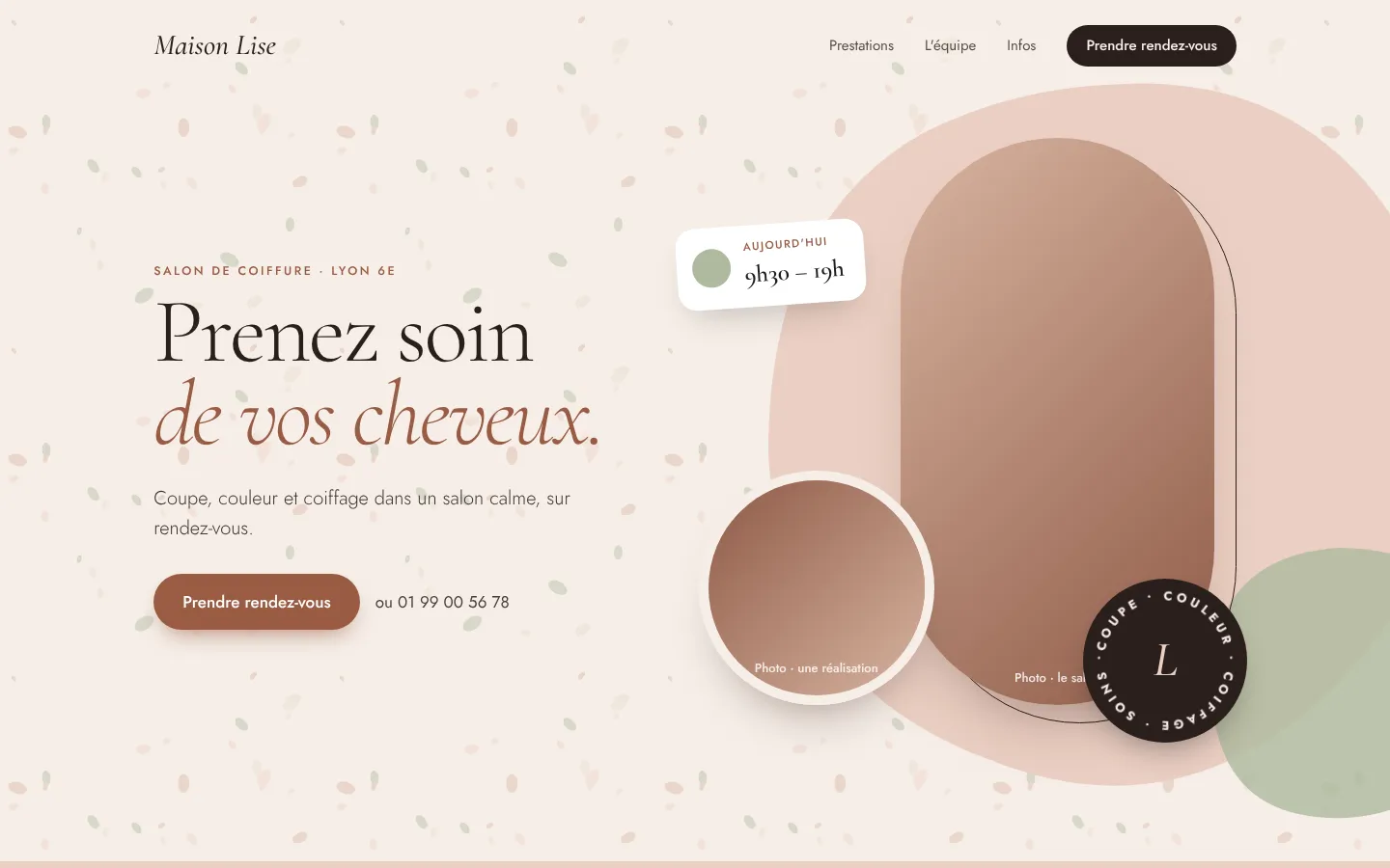 Modèle salon de coiffure : la page d'accueil de Maison Lise