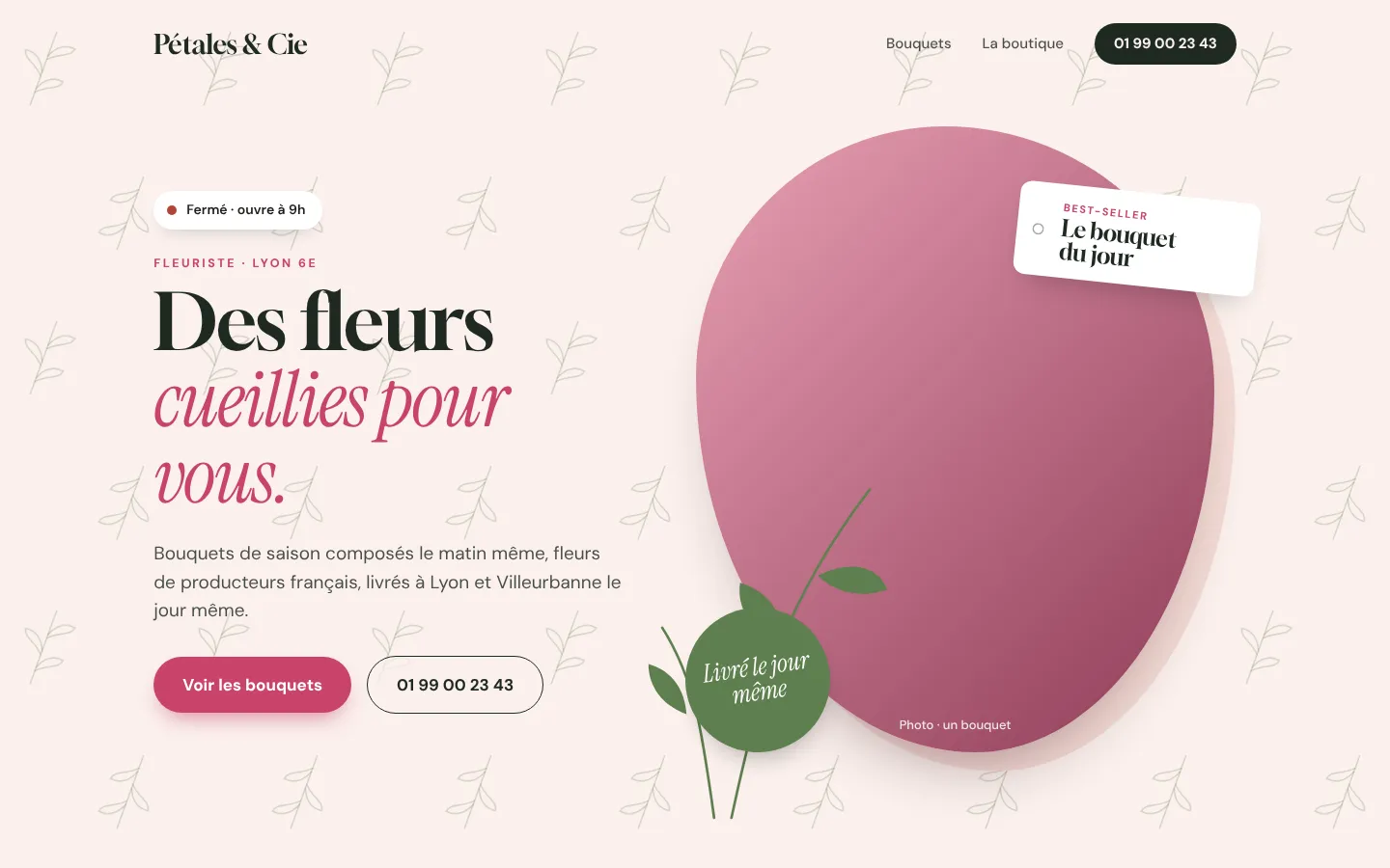 Modèle fleuriste : la page d'accueil de Pétales & Cie