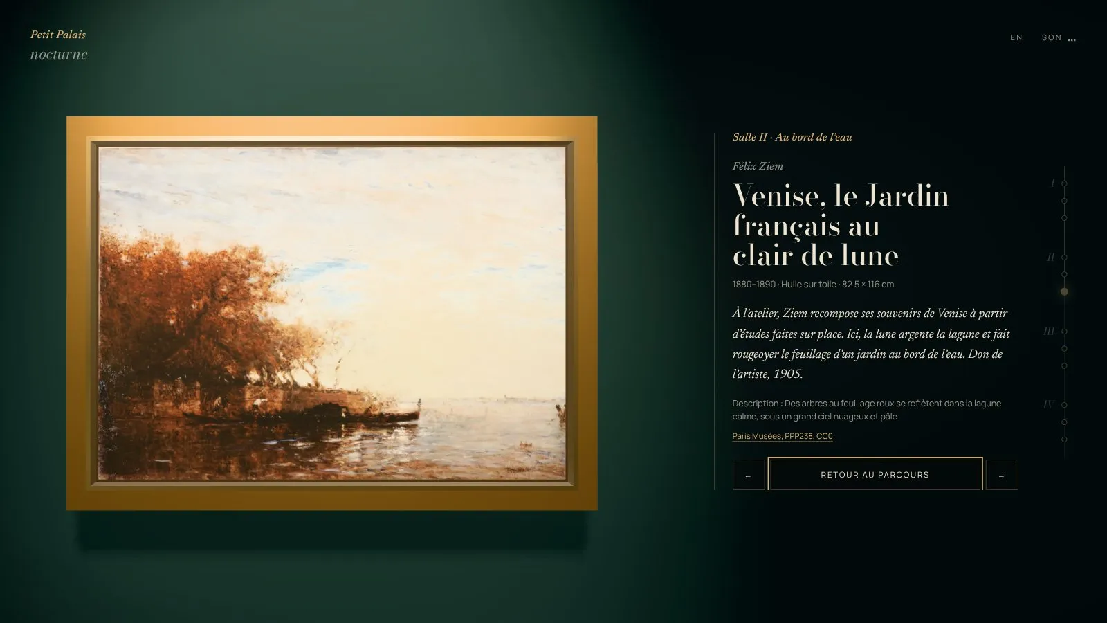 La vue rapprochée d'un tableau de Ziem, avec le texte du cartel posé sur le mur à côté