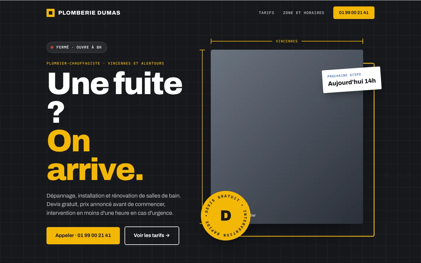 Modèle artisan : la page d'accueil de Plomberie Dumas