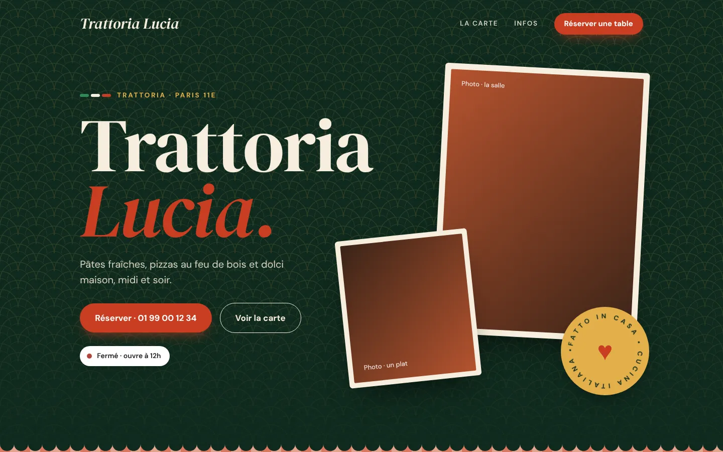 Modèle restaurant : la page d'accueil de Trattoria Lucia