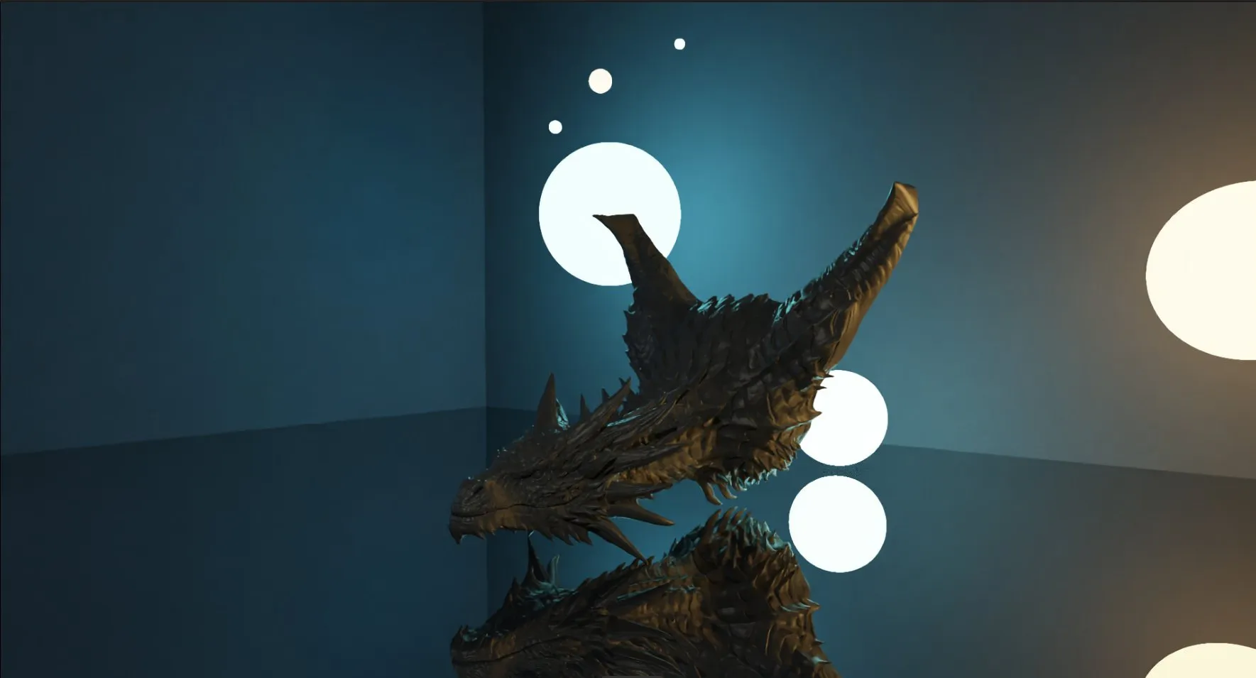 Tête de dragon éclairée par des sphères émissives