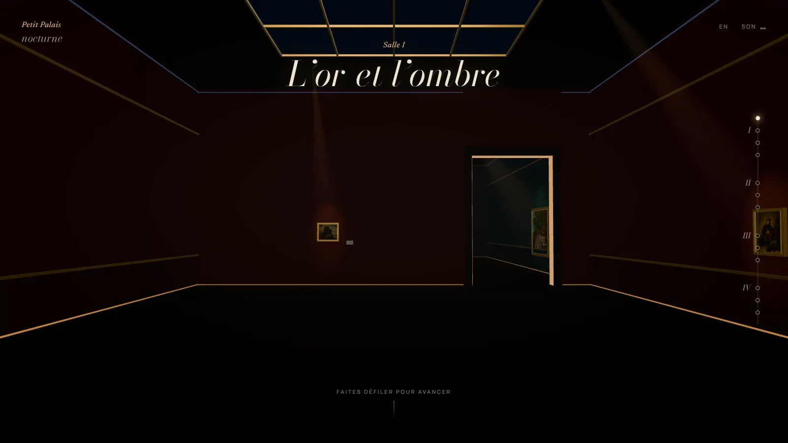 L'entrée de la première salle, avec son titre, la verrière et la porte vers la salle suivante
