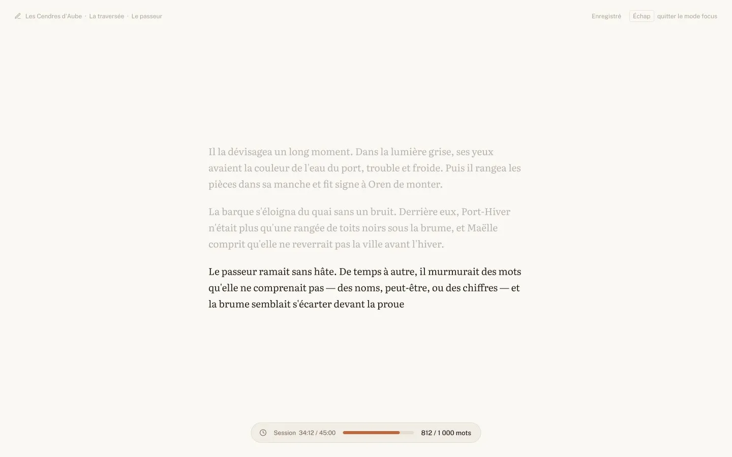 Le mode focus, qui ne laisse que le texte et la session en cours
