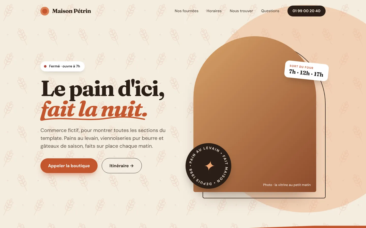 Modèle boulangerie : la page d'accueil de Maison Pétrin
