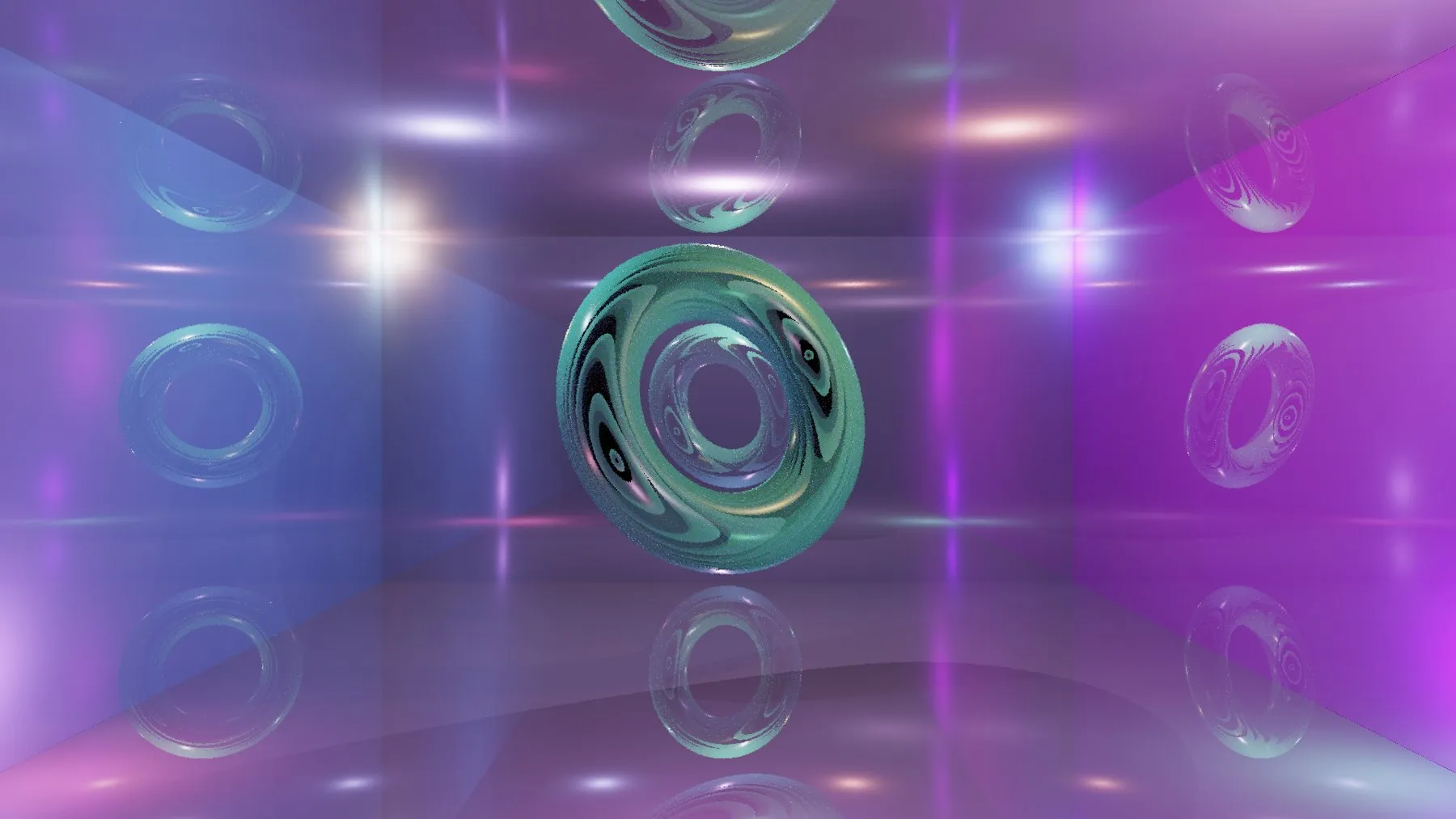 Tores de verre dans une pièce aux miroirs colorés