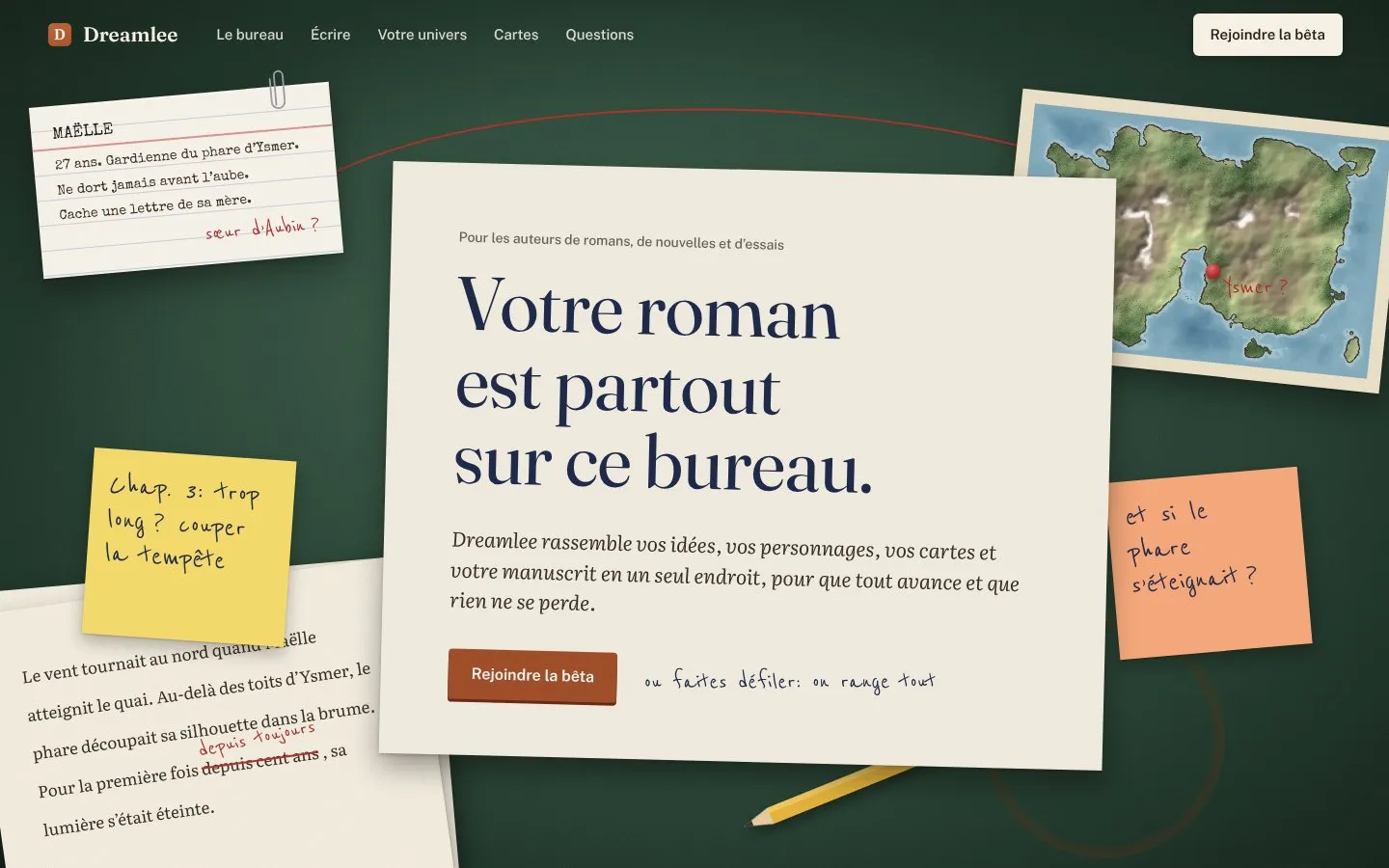 Le bureau d'un auteur en désordre, en haut de la page Dreamlee
