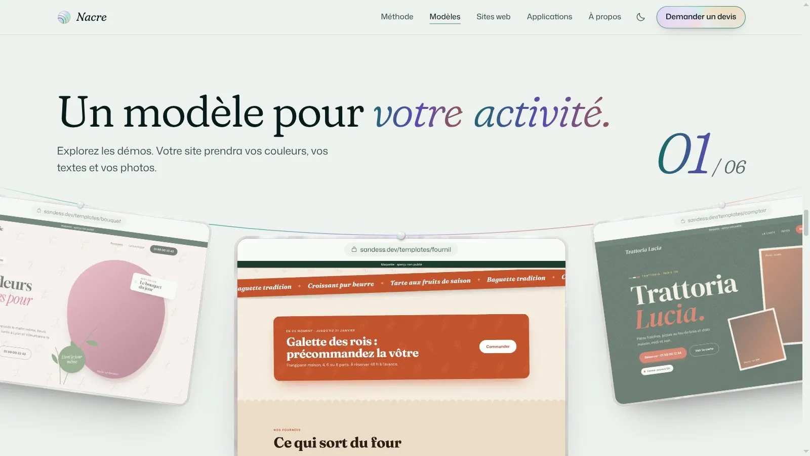 Les modèles de sites par métier, présentés sur un collier qui tourne
